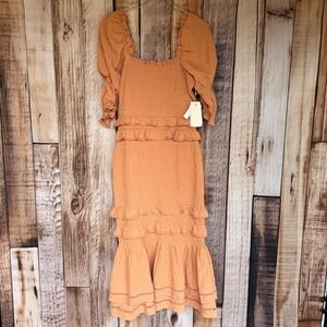 Rachel Parcell Smocked Ruffle Midi Dress Seashell Romantic Spring Small NWT